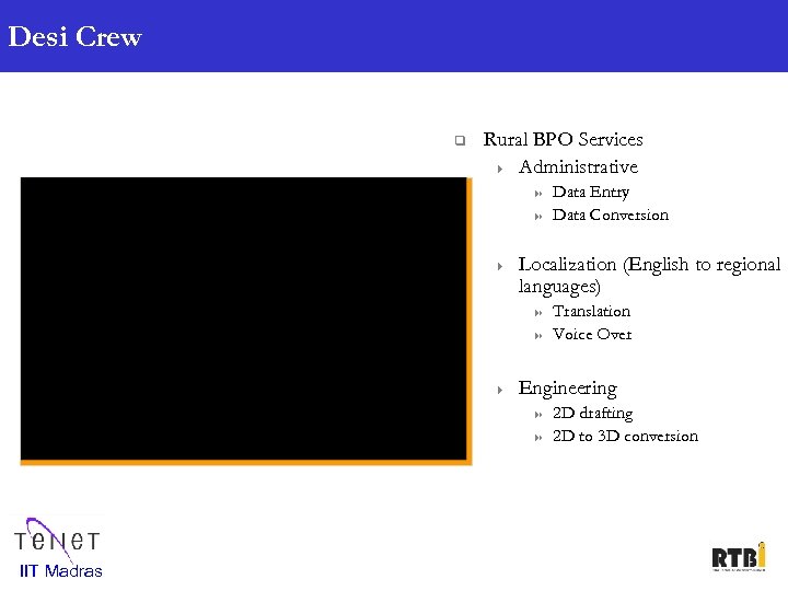 Desi Crew q Rural BPO Services 4 Administrative 8 8 4 Localization (English to