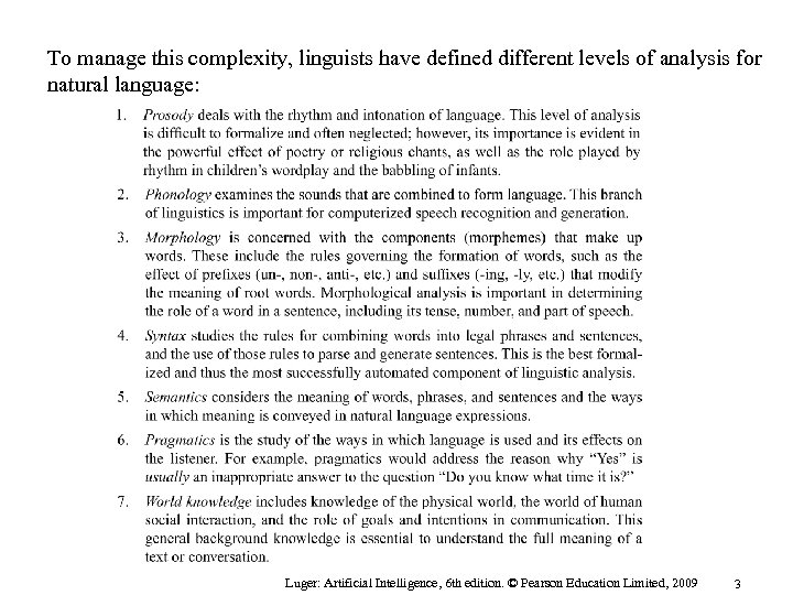 To manage this complexity, linguists have defined different levels of analysis for natural language: