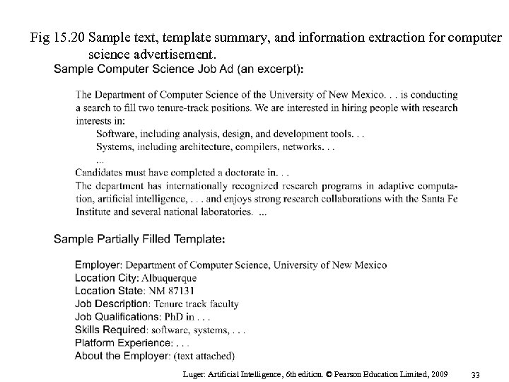 Fig 15. 20 Sample text, template summary, and information extraction for computer science advertisement.