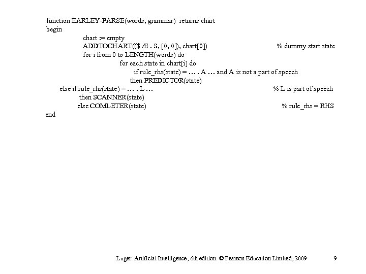 function EARLEY-PARSE(words, grammar) returns chart begin chart : = empty ADDTOCHART(($ Æ. S, [0,