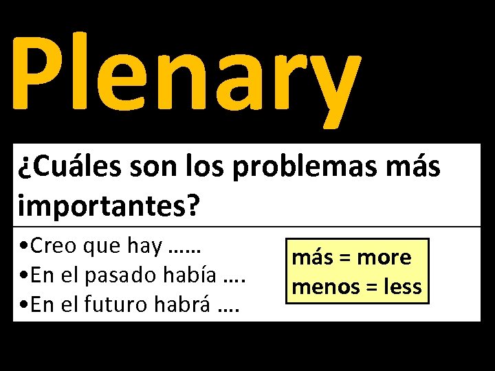 Plenary ¿Cuáles son los problemas más importantes? • Creo que hay …… • En