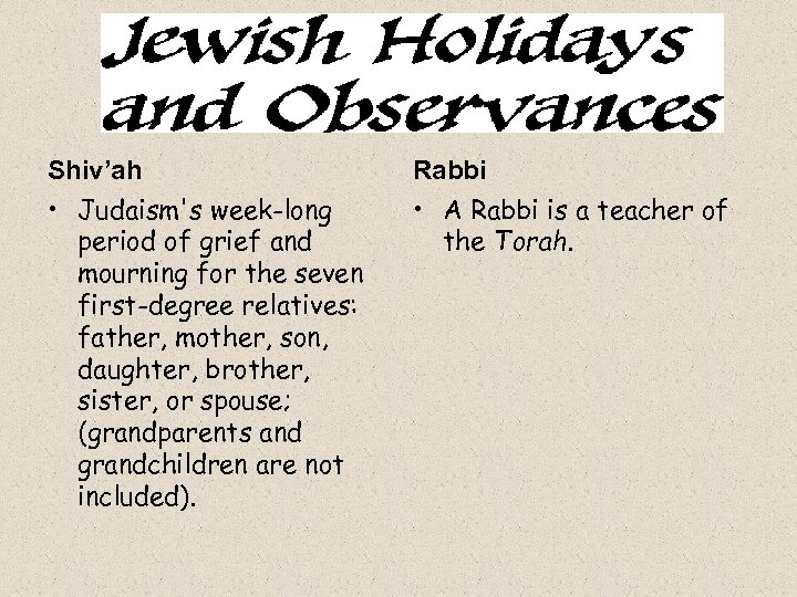 Shiv’ah • Judaism's week-long period of grief and mourning for the seven first-degree relatives: