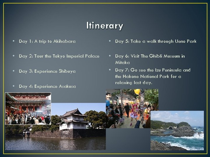 Itinerary • Day 1: A trip to Akihabara • Day 5: Take a walk