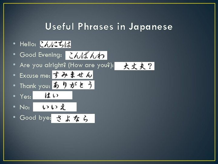 Useful Phrases in Japanese • • Hello: Good Evening: Are you alright? (How are