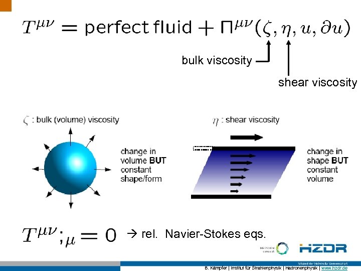bulk viscosity shear viscosity rel. Navier-Stokes eqs. B. Kämpfer | Institut für Strahlenphysik |