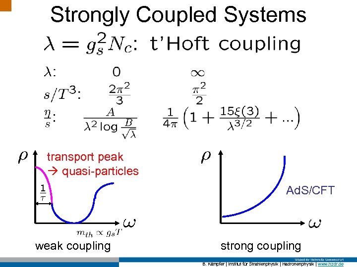 Strongly Coupled Systems transport peak quasi-particles Ad. S/CFT weak coupling strong coupling B. Kämpfer