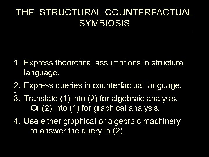THE STRUCTURAL-COUNTERFACTUAL SYMBIOSIS 1. Express theoretical assumptions in structural language. 2. Express queries in