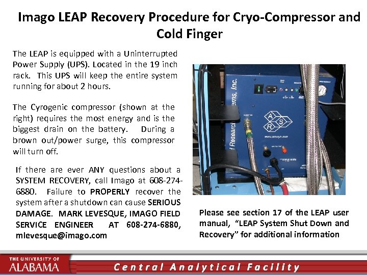 Imago LEAP Recovery Procedure for Cryo-Compressor and Cold Finger The LEAP is equipped with