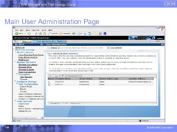 IBM Storage and Technology Group Main User Administration Page 119 © 2009 IBM Corporation