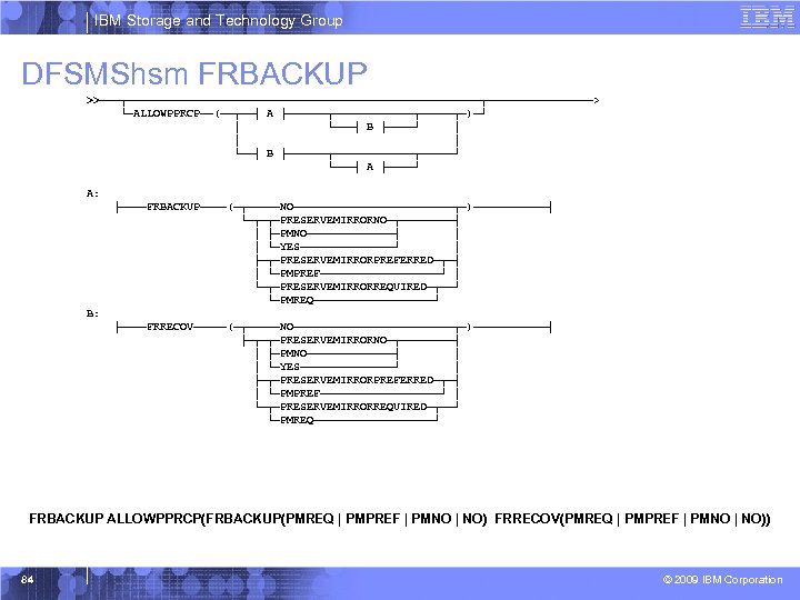 IBM Storage and Technology Group DFSMShsm FRBACKUP >>───┬───────────────────────────┬────────> └─ALLOWPPRCP──(──┬──┤ A ├──────┬──────┬─────┬─)─┘ │ └───┤ B