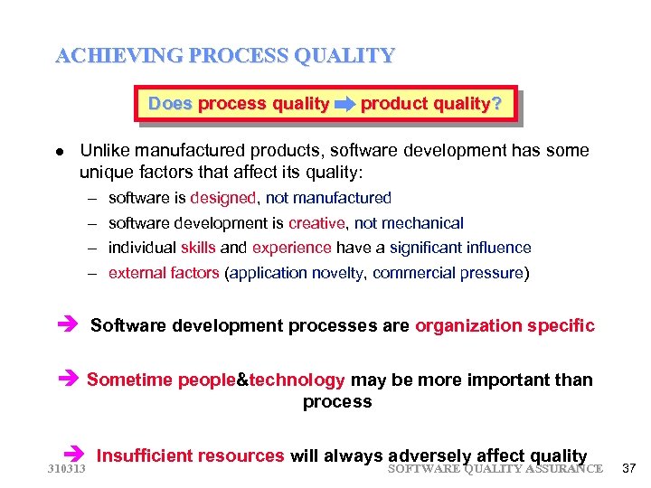 ACHIEVING PROCESS QUALITY Does process quality product quality? Unlike manufactured products, software development has