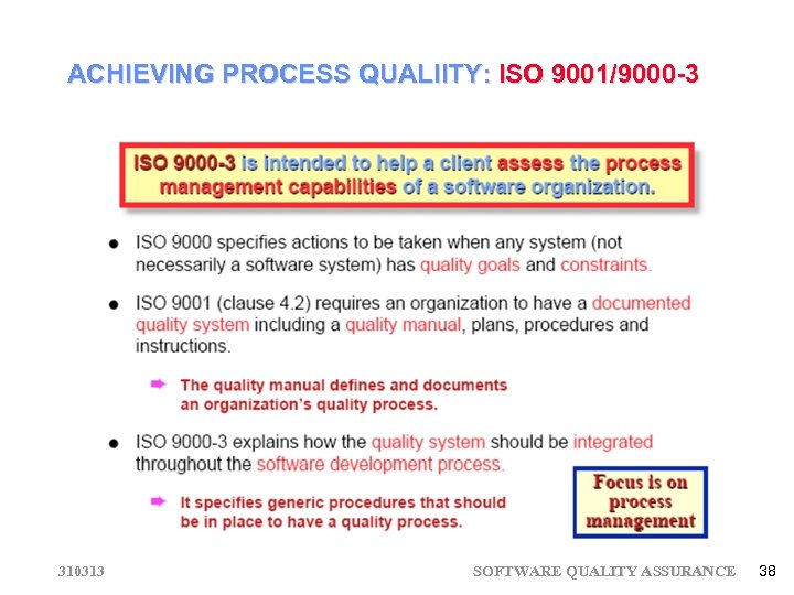 ACHIEVING PROCESS QUALIITY: ISO 9001/9000 -3 310313 SOFTWARE QUALITY ASSURANCE 38 
