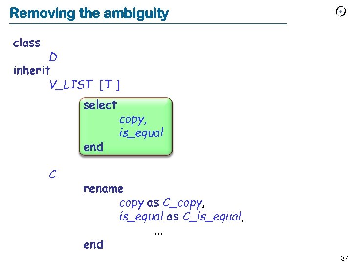 Removing the ambiguity class D inherit V_LIST [T ] select end C copy, is_equal