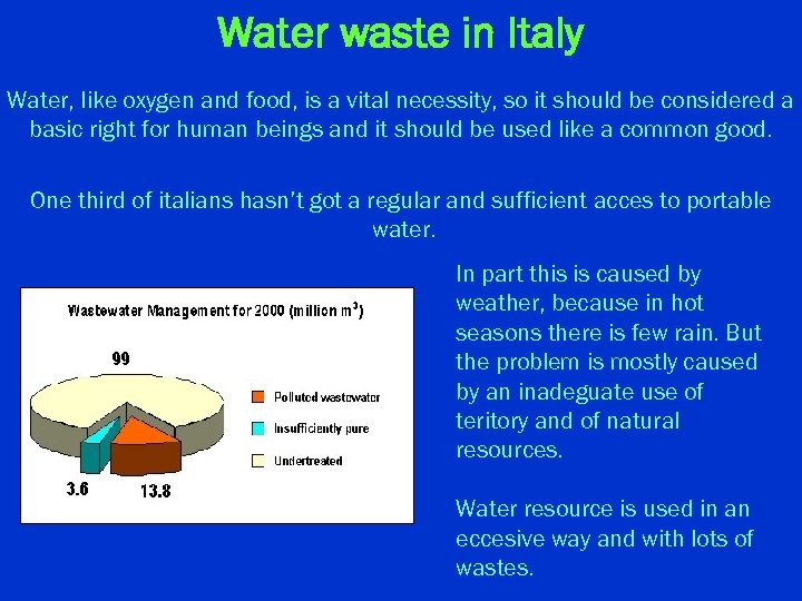 Water waste in Italy Water, like oxygen and food, is a vital necessity, so