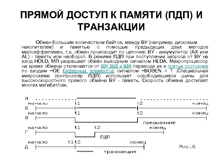 ПРЯМОЙ ДОСТУП К ПАМЯТИ (ПДП) И ТРАНЗАКЦИИ Обмен большим количеством байтов, между ВУ (например