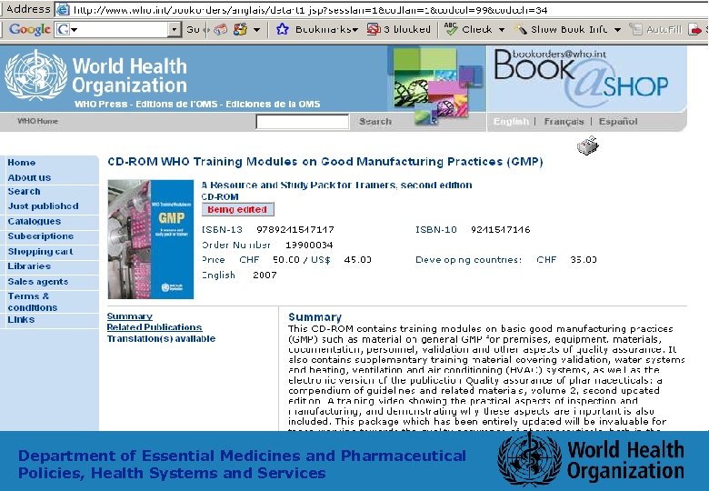 Department of Essential Medicines and Pharmaceutical Policies, Health Systems and Services 10 