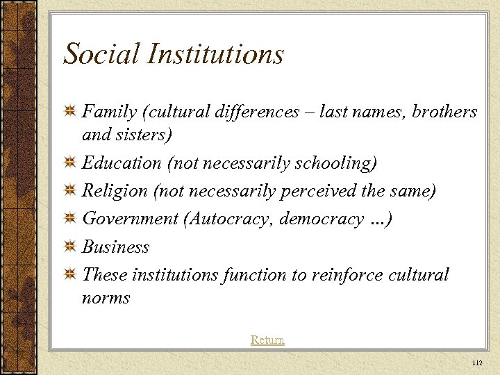 Social Institutions Family (cultural differences – last names, brothers and sisters) Education (not necessarily