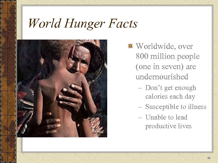 World Hunger Facts Worldwide, over 800 million people (one in seven) are undernourished –