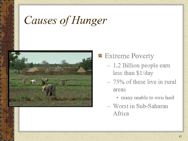 Causes of Hunger Extreme Poverty – 1. 2 Billion people earn less than $1/day