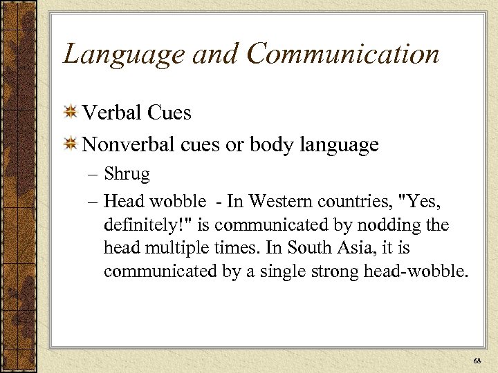 Language and Communication Verbal Cues Nonverbal cues or body language – Shrug – Head