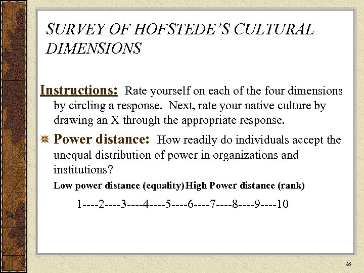 SURVEY OF HOFSTEDE’S CULTURAL DIMENSIONS Instructions: Rate yourself on each of the four dimensions