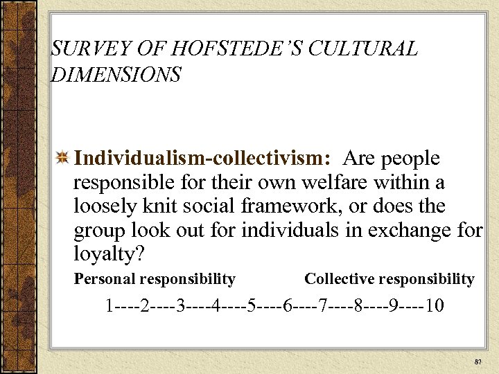 SURVEY OF HOFSTEDE’S CULTURAL DIMENSIONS Individualism-collectivism: Are people responsible for their own welfare within