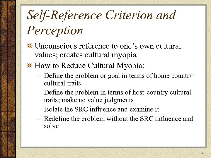 Self-Reference Criterion and Perception Unconscious reference to one’s own cultural values; creates cultural myopia