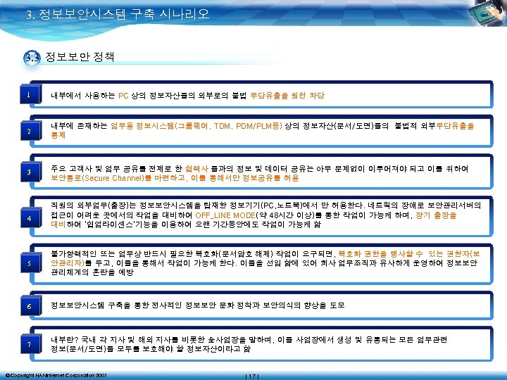 3. 정보보안시스템 구축 시나리오 3. 3 정보보안 정책 1 내부에서 사용하는 PC 상의 정보자산들의