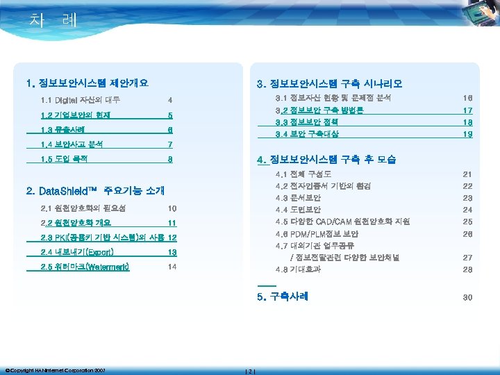 차 례 1. 정보보안시스템 제안개요 3. 정보보안시스템 구축 시나리오 1. 1 Digital 자산의 대두