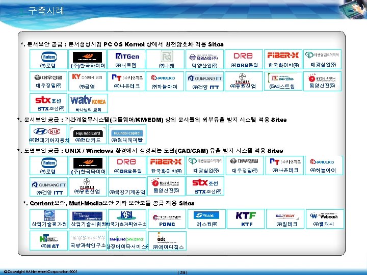 5. 구축사례 *. 문서보안 공급 : 문서생성시점 PC OS Kernel 상에서 원천암호화 적용 Sites