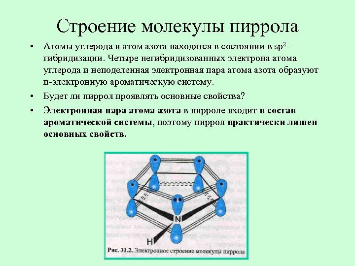 Строение молекулы пиррола • Атомы углерода и атом азота находятся в состоянии в sp