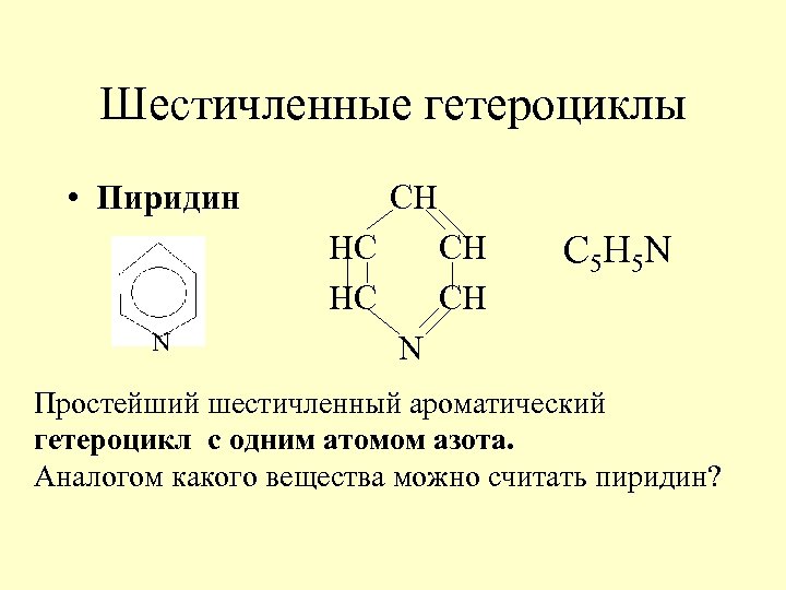 Шестичленные гетероциклы • Пиридин CH HC HC N CH CH С 5 Н 5
