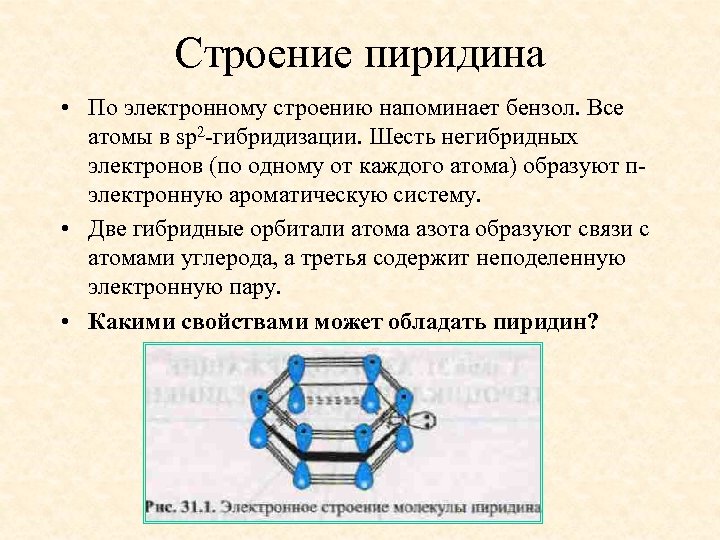 Строение пиридина • По электронному строению напоминает бензол. Все атомы в sp 2 -гибридизации.
