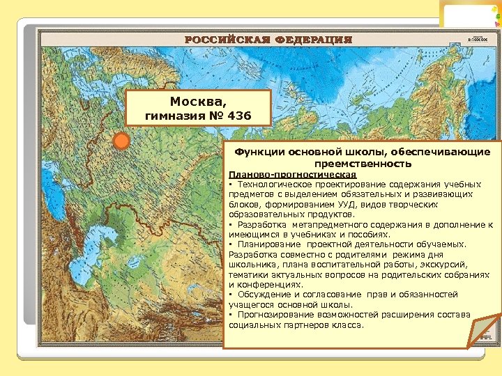 Москва, гимназия № 436 Функции основной школы, обеспечивающие преемственность Планово-прогностическая • Технологическое проектирование содержания