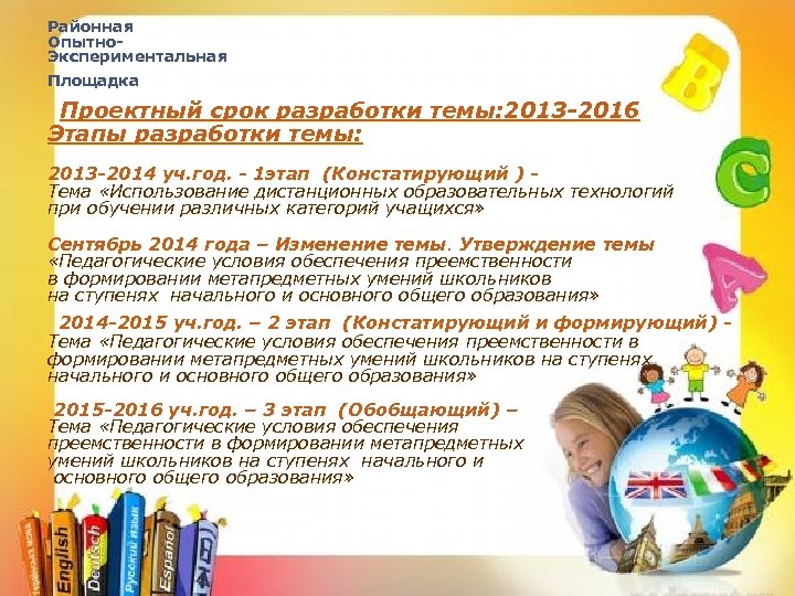 Районная Опытно. Экспериментальная Площадка Проектный срок разработки темы: 2013 -2016 Этапы разработки темы: 2013