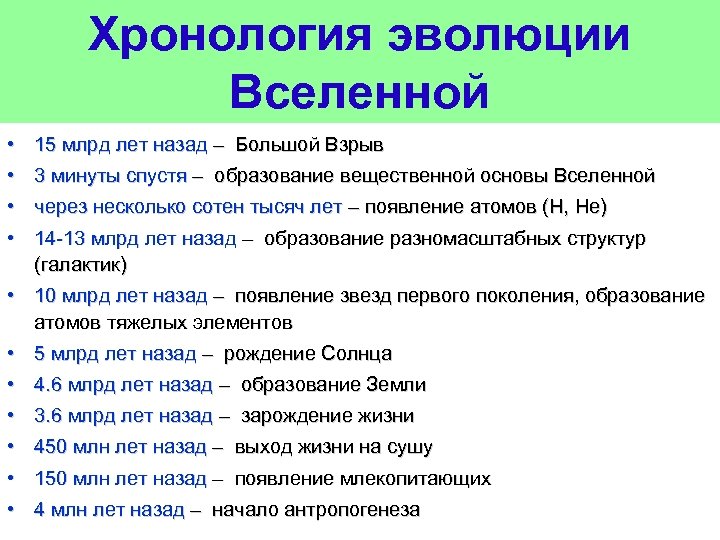 Хронология эволюции Вселенной • 15 млрд лет назад – Большой Взрыв • 3 минуты