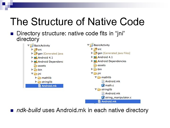 The Structure of Native Code n Directory structure: native code fits in “jni” directory