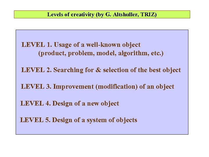 Levels of creativity (by G. Altshuller, TRIZ) LEVEL 1. Usage of a well-known object