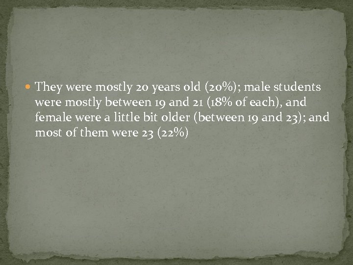  They were mostly 20 years old (20%); male students were mostly between 19