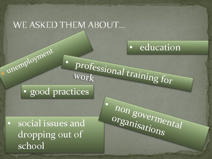 WE ASKED THEM ABOUT. . . ent oym pl • education • profe ssional