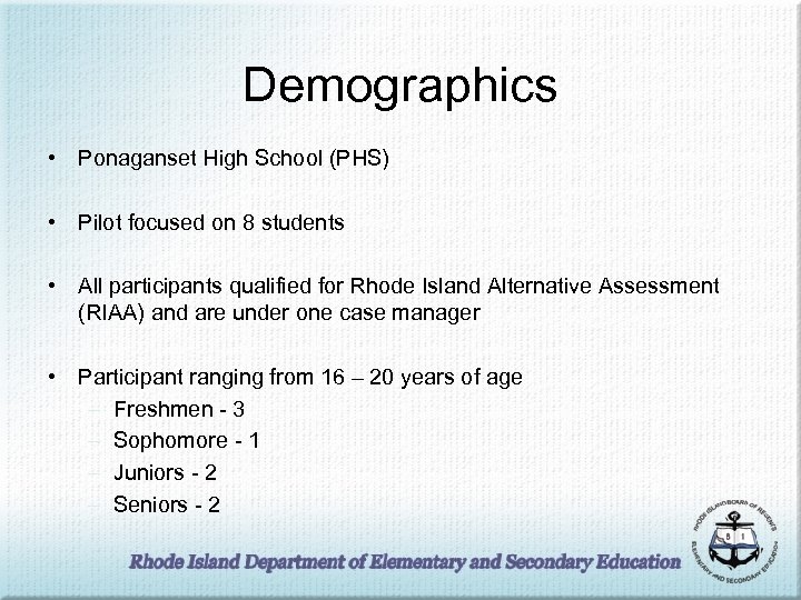 Demographics • Ponaganset High School (PHS) • Pilot focused on 8 students • All