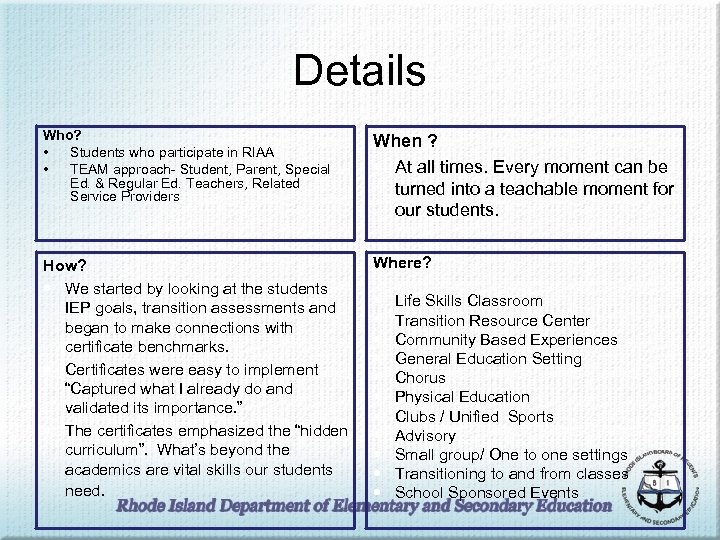 Details Who? • Students who participate in RIAA • TEAM approach- Student, Parent, Special