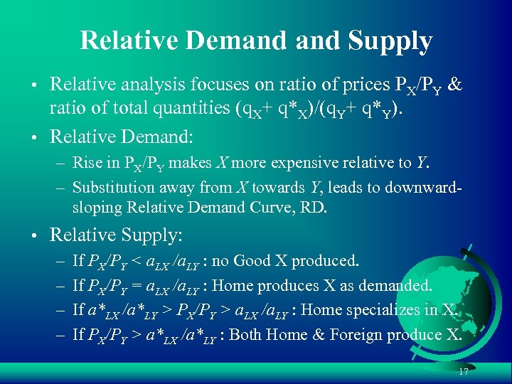 Relative Demand Supply • Relative analysis focuses on ratio of prices PX/PY & ratio