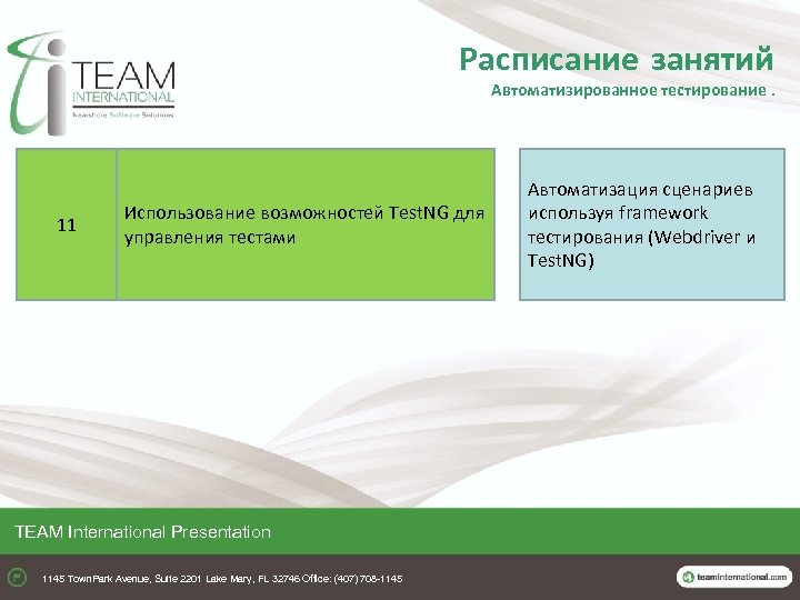 Расписание занятий Автоматизированное тестирование. 11 Использование возможностей Test. NG для управления тестами TEAM International