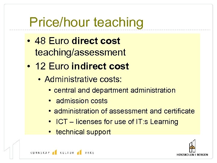 Price/hour teaching • 48 Euro direct cost teaching/assessment • 12 Euro indirect cost •