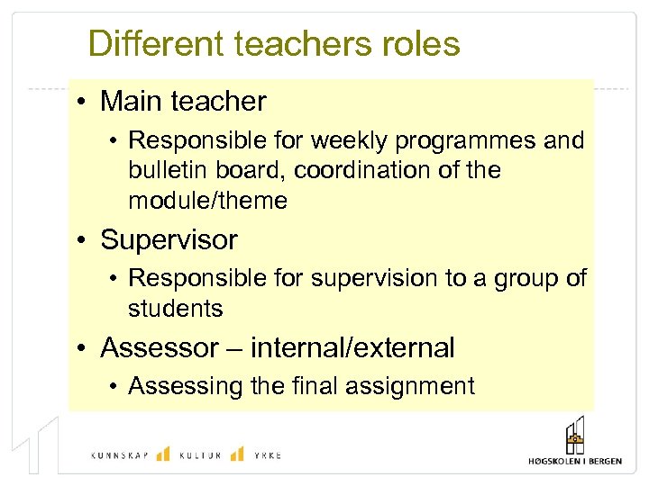 Different teachers roles • Main teacher • Responsible for weekly programmes and bulletin board,