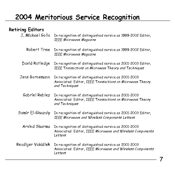2004 Meritorious Service Recognition Retiring Editors J. Michael Golio In recognition of distinguished service