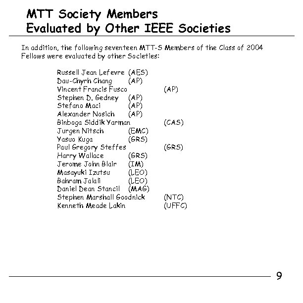 MTT Society Members Evaluated by Other IEEE Societies In addition, the following seventeen MTT-S