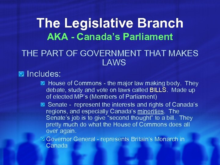 The Legislative Branch AKA - Canada’s Parliament THE PART OF GOVERNMENT THAT MAKES LAWS