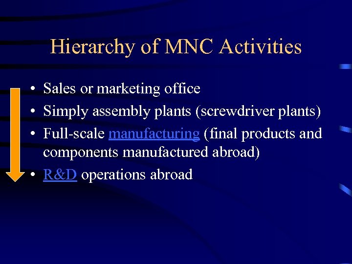 Hierarchy of MNC Activities • Sales or marketing office • Simply assembly plants (screwdriver
